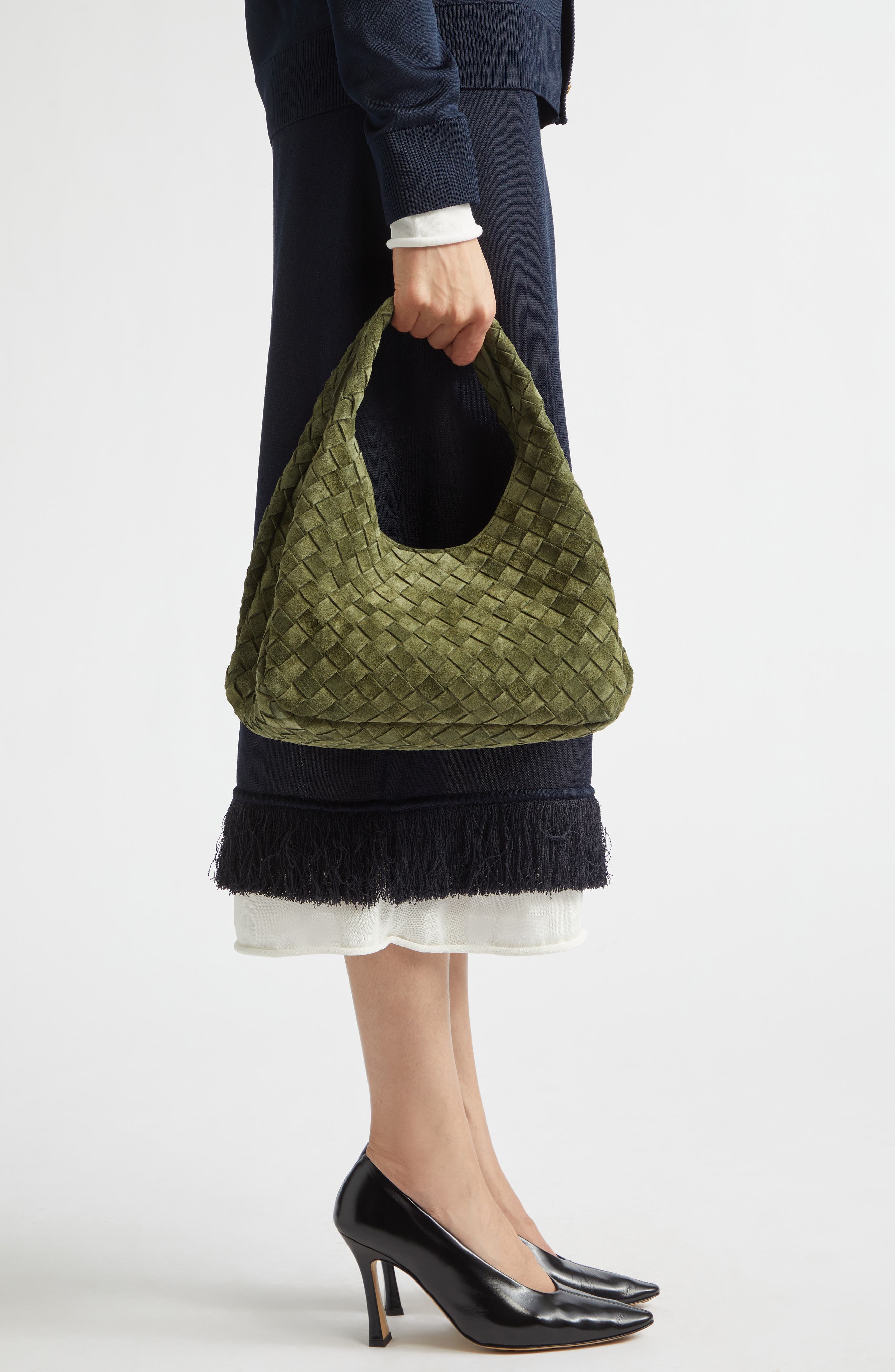 Small Campana Intrecciato Suede Tote, Alternate, color, 3783 GREEN TWEED-M BRASS