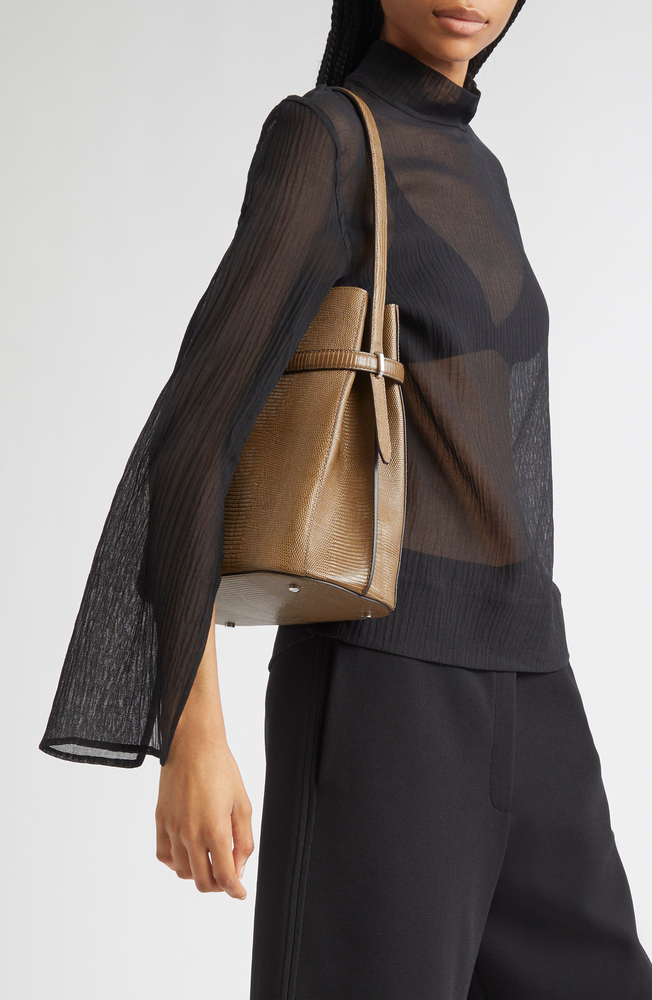 TOTEME Belted Lizard Embossed Leather Bucket Shoulder Bag, Alternate, color, Dark Olive