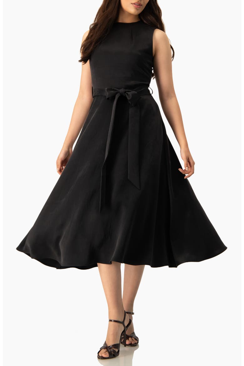 Sleeveless Tie-Waist A-Line Midi Fit-and-Flare Dress with Sash Belt, Alternate, color, Black