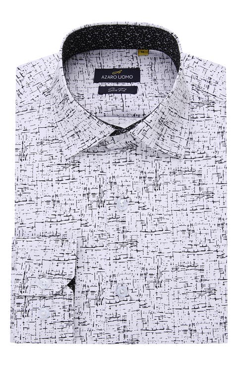 Slim Fit Line Print Performance Button-Up Shirt