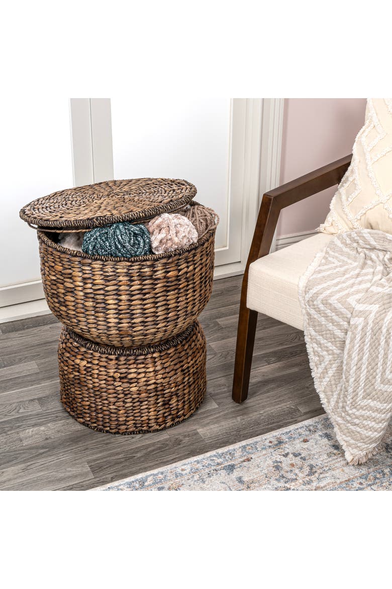 Bhola Hourglass Handwoven Hyacinth Storage Accent Table with Lid, Alternate, color, Brown Wash
