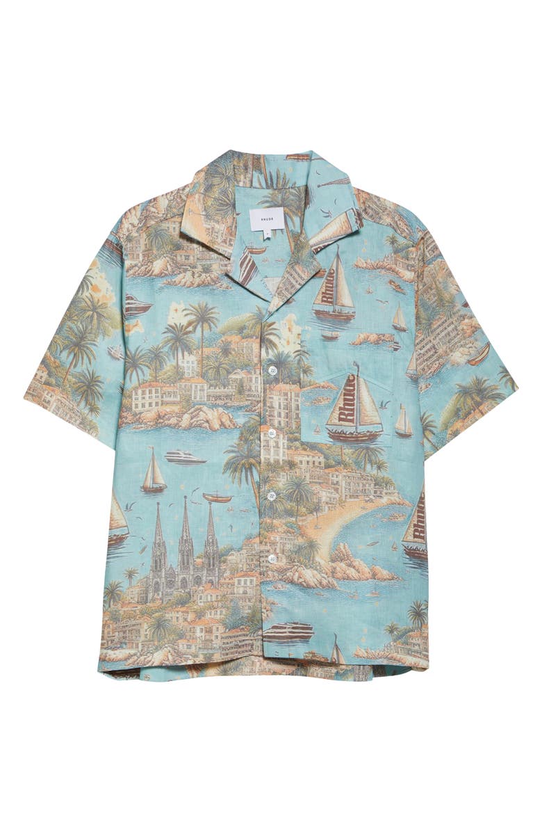 Rhude Sailing Map Short Sleeve Linen Button-Up Shirt, Alternate, color, 