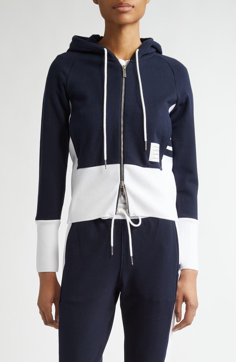 Thom Browne 4-Bar Colorblock French Terry Zip Hoodie, Main, color, Navy