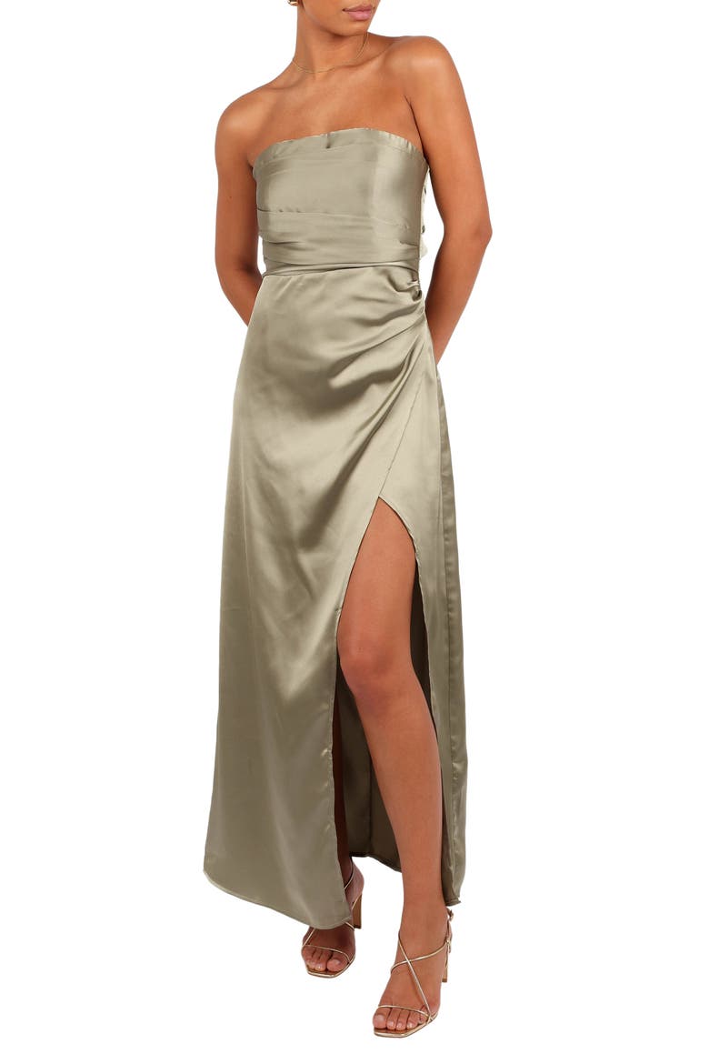 Kara Strapless Stretch Satin Gown, Main, color, OLIVE