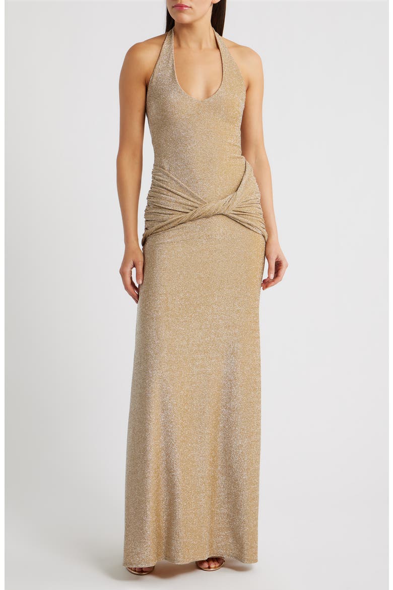 Soraya Metallic Jersey Halter Column Gown, Main, color, GOLD