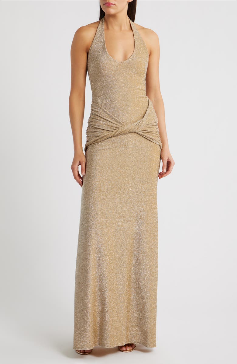 Delfi Collective Soraya Metallic Jersey Halter Column Gown, Main, color, Gold