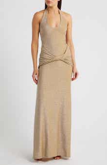 Soraya Metallic Jersey Halter Column Gown