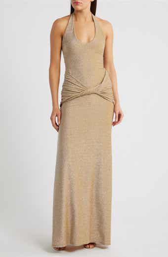 Soraya Metallic Jersey Halter Column Gown
