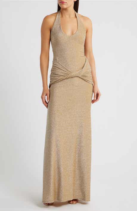 Soraya Metallic Jersey Halter Column Gown