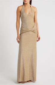 Delfi Collective Soraya Metallic Jersey Halter Column Gown