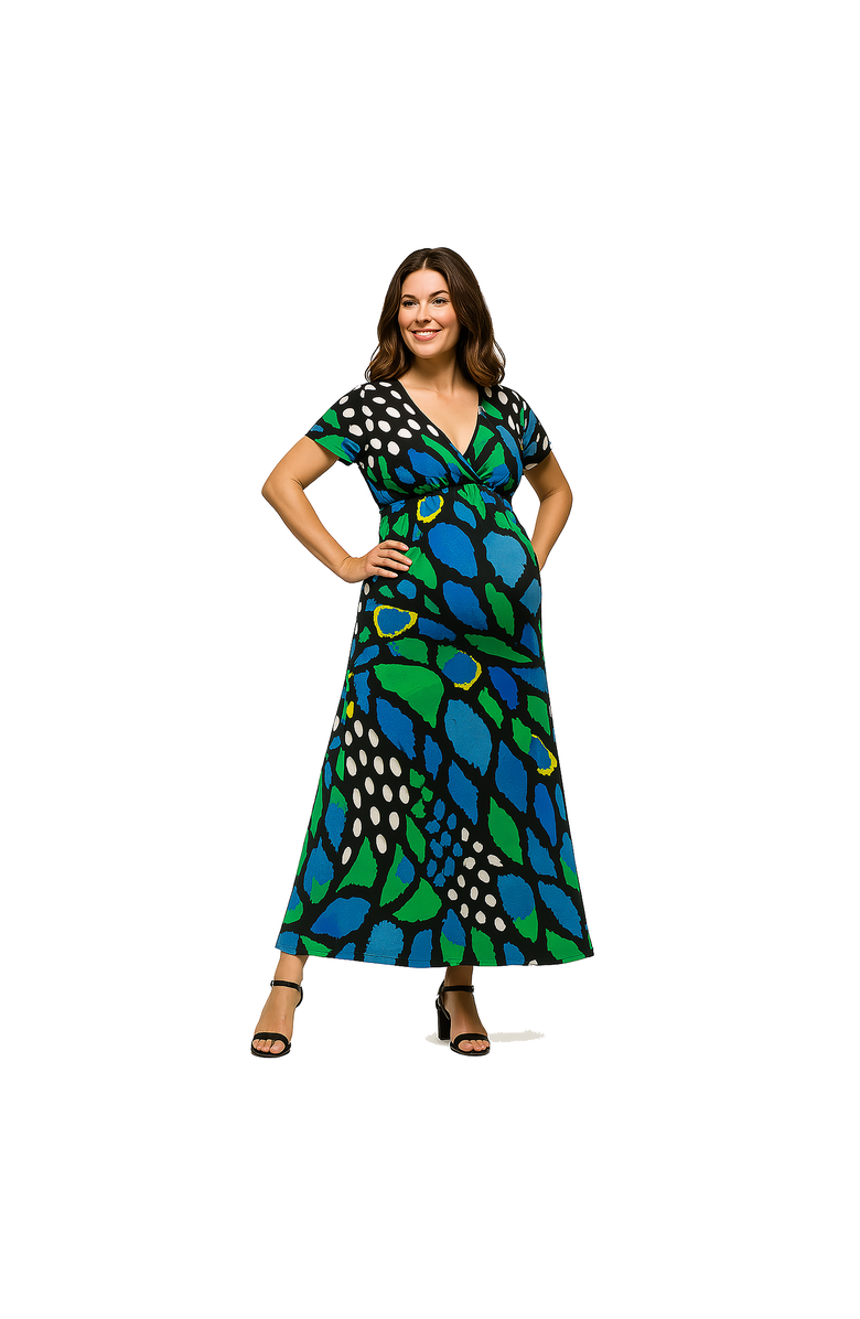 24seven Comfort Apparel Maternity Blue Butterfly Print V-Neck Empire Waist Cap Sleeve Maxi Dress, Main, color, Blue Multi