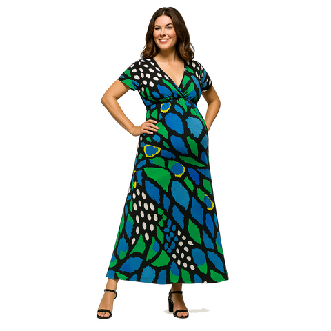 Maternity Blue Butterfly Print V-Neck Empire Waist Cap Sleeve Maxi Dress