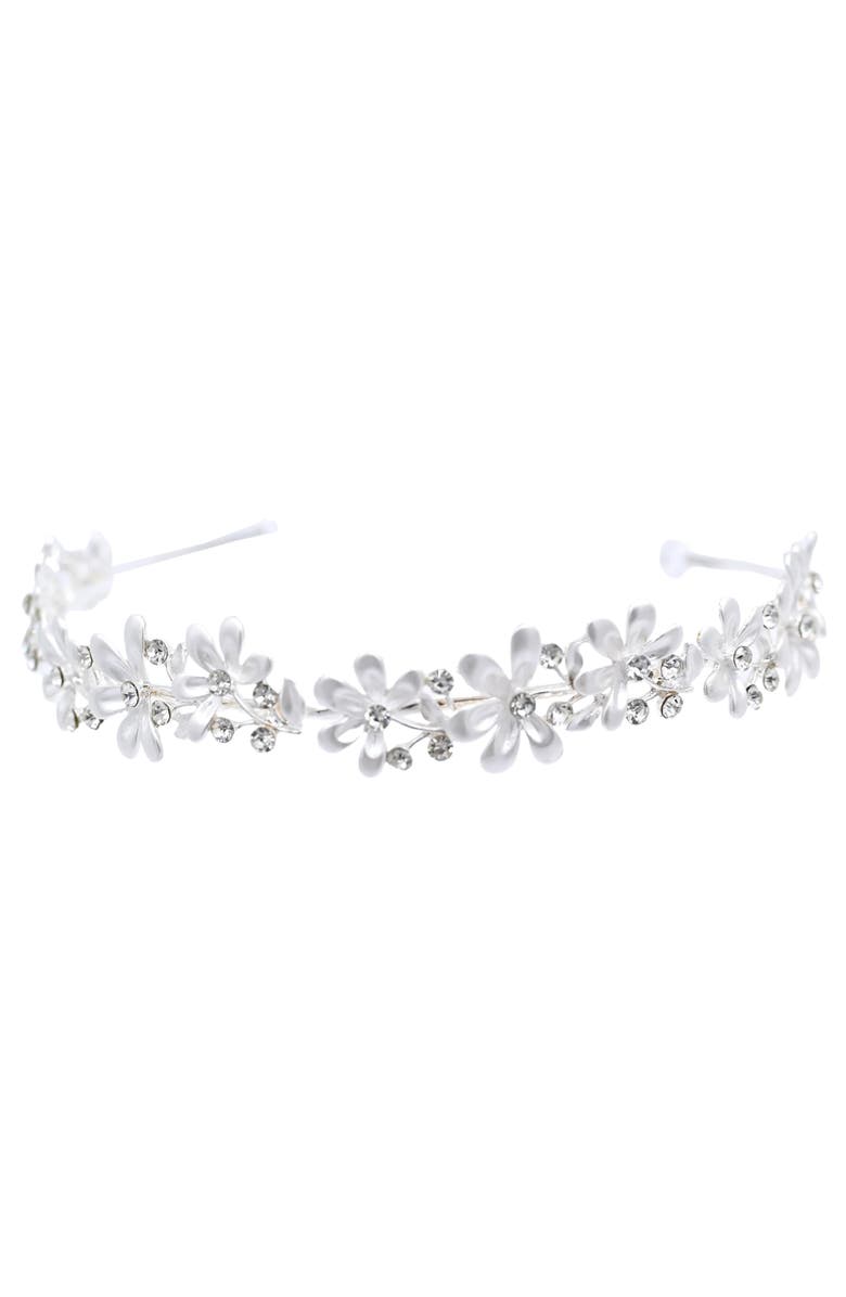 Tulleen Rhinestone Flower Headband, Main, color, Silver