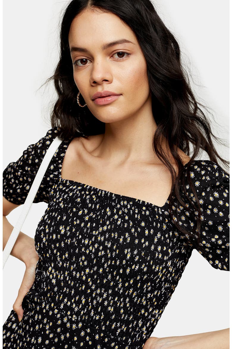 Shirred Tea Minidress, Alternate, color, BLACK MULTI