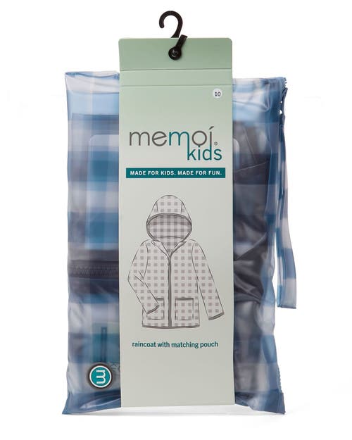 Memoi Kids Checkered Raincoat With Self-storage Pouch In Blue