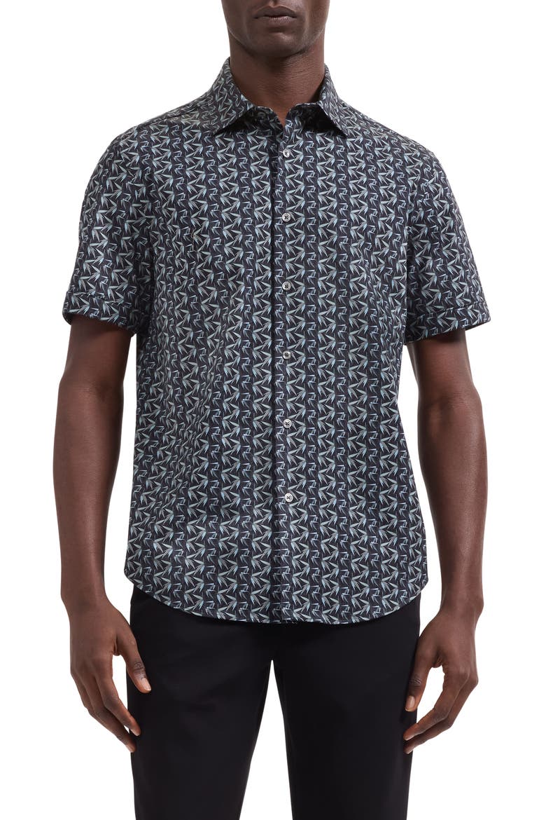 Miles OoohCotton® Leaf Print Short Sleeve Button-Up Shirt, Main, color, KHAKI