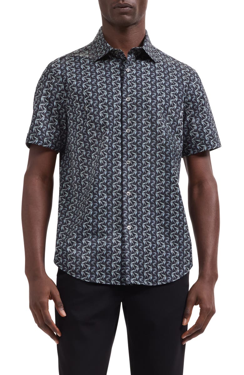 Bugatchi Miles OoohCotton<sup>®</sup> Leaf Print Short Sleeve Button-Up Shirt, Main, color, Khaki