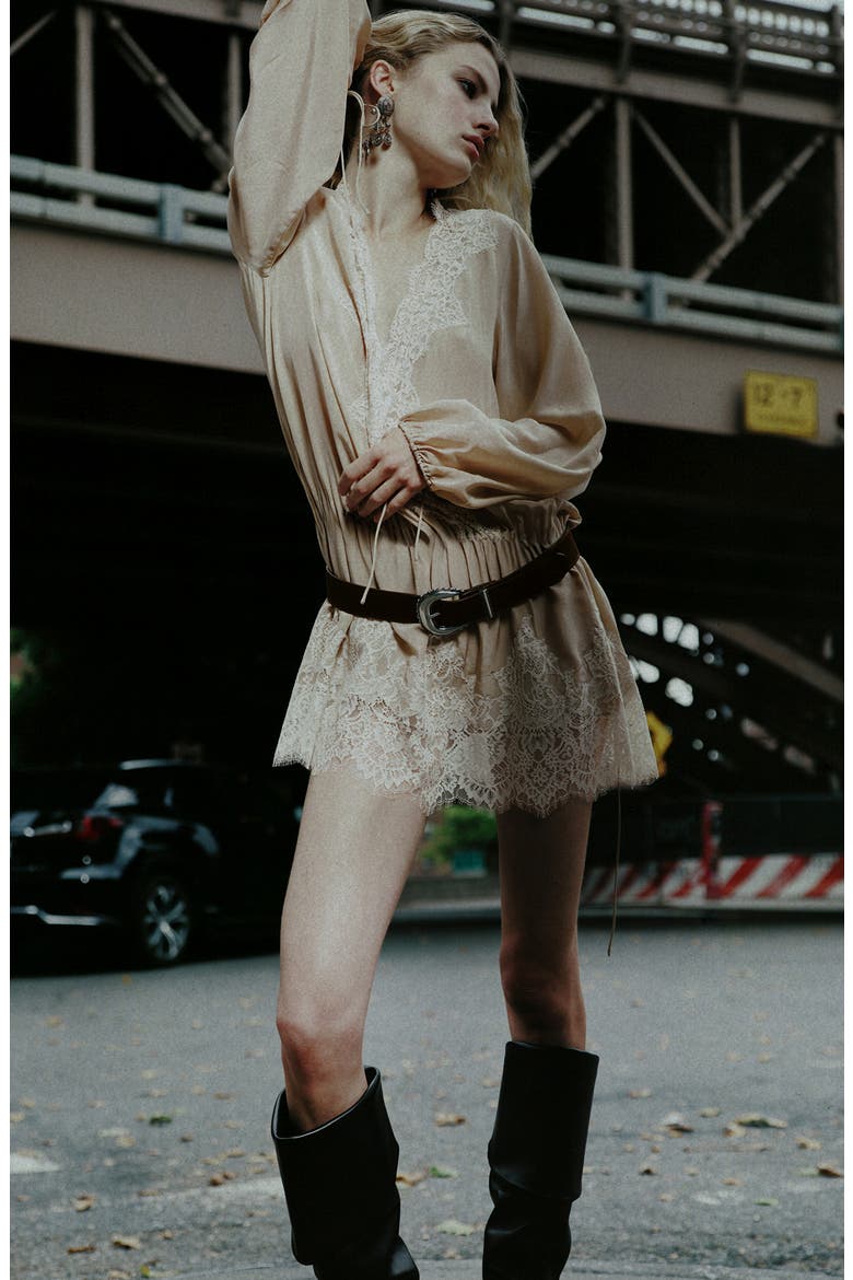 Lace Trim Long Sleeve Minidress, Alternate, color, BEIGE