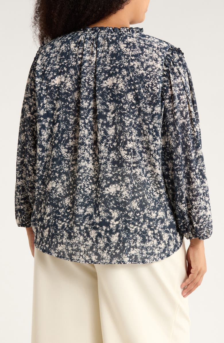 Adrianna Papell Ruffle Neck Woven Button-Up Shirt, Alternate, color, Midnight Garden