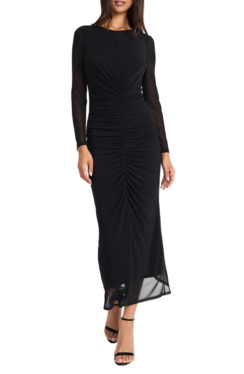 DONNA MORGAN FOR MAGGY Long Sleeve Ruched Mesh Maxi Dress, Main, color, 