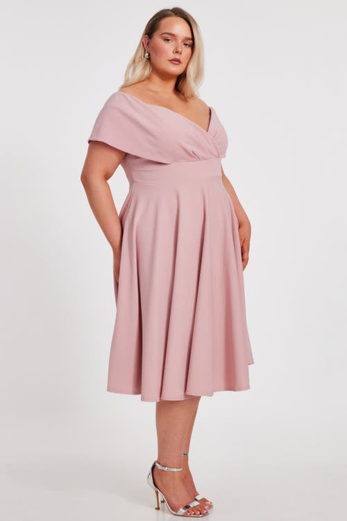 Quiz Plus Size Scuba Crepe Bardot Wrap Midi Skater Dress In Blush