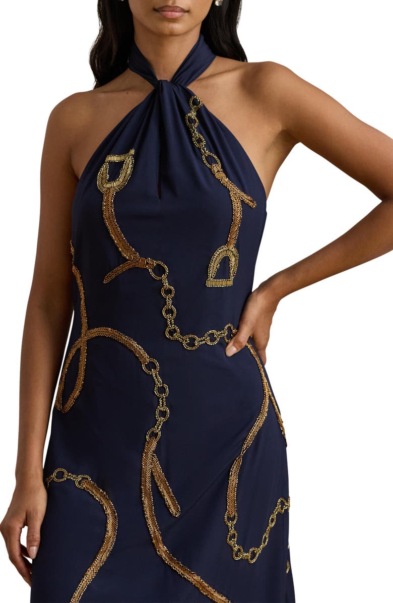 Lauren Ralph Lauren Beaded Sequin Halter Gown, Alternate, color, Navy Multi