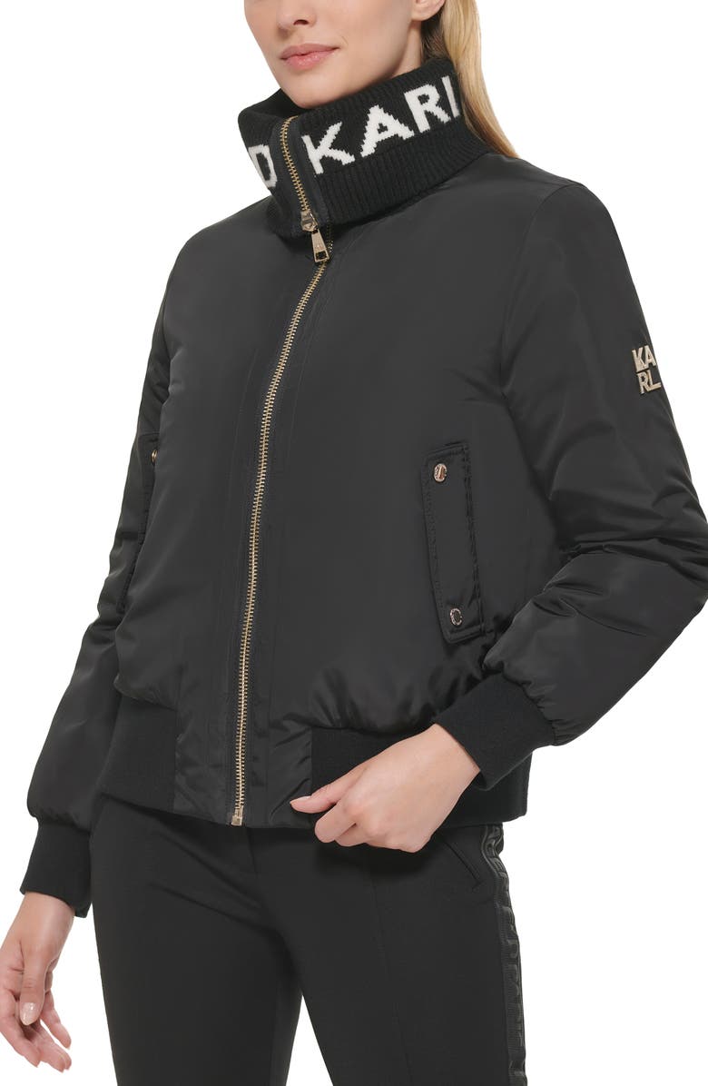 KARL LAGERFELD PARIS Water Resistant Knit Logo Collar Bomber Jacket, Alternate, color,