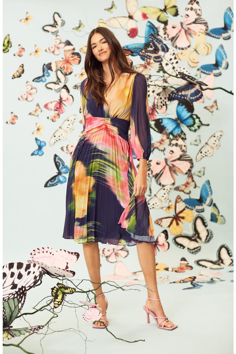 Floral Pleated Dress, Alternate, color, NAV/YELLOW