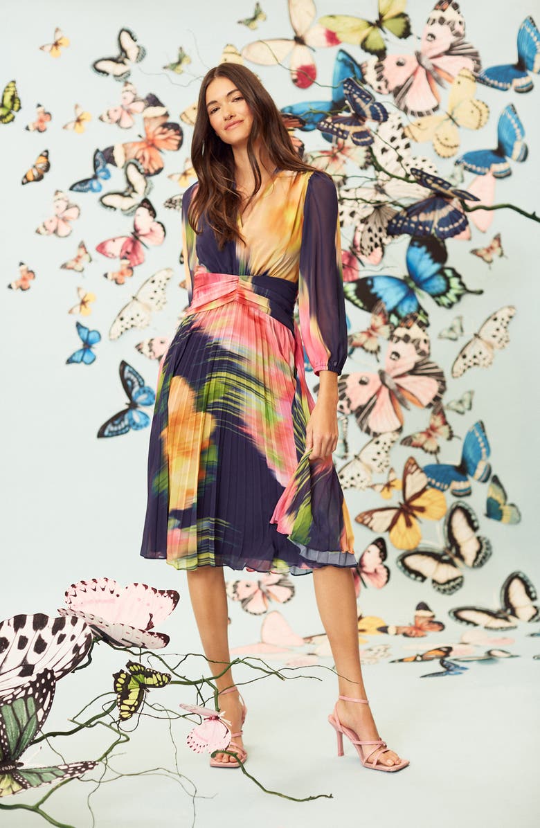 Maggy London Floral Pleated Dress, Alternate, color, Nav/Yellow