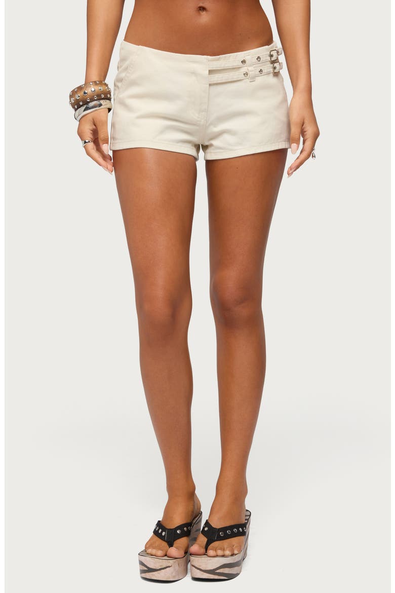 Ceresie Belted Low Rise Denim Micro Shorts, Main, color, BEIGE