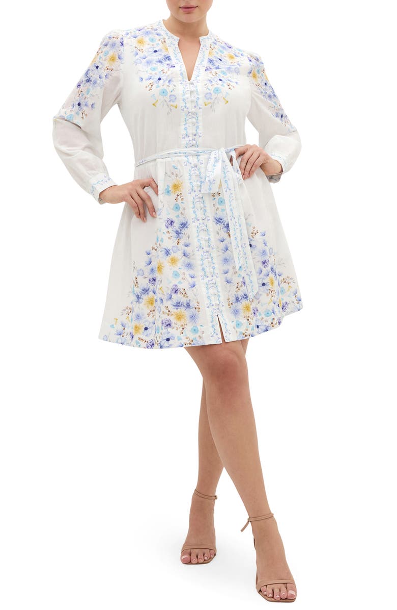 City Chic Elia Placed Floral Long Sleeve Cotton Dress, Main, color, Blue Patrice Bdr
