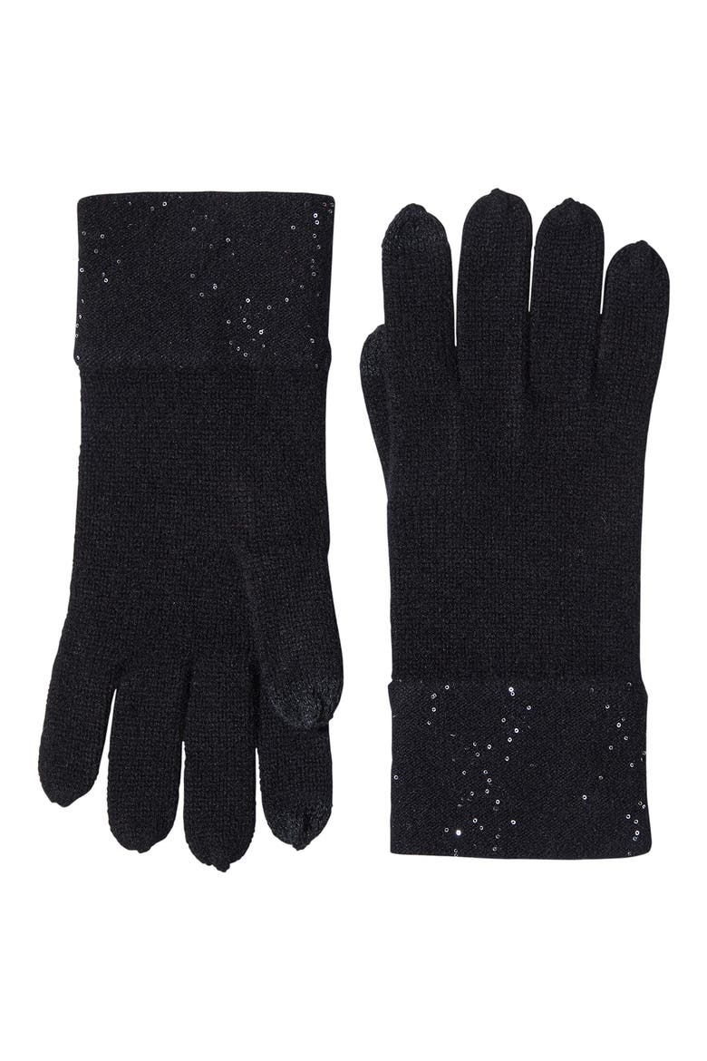 Sequin Cashmere Knit Gloves, Main, color, BLACK