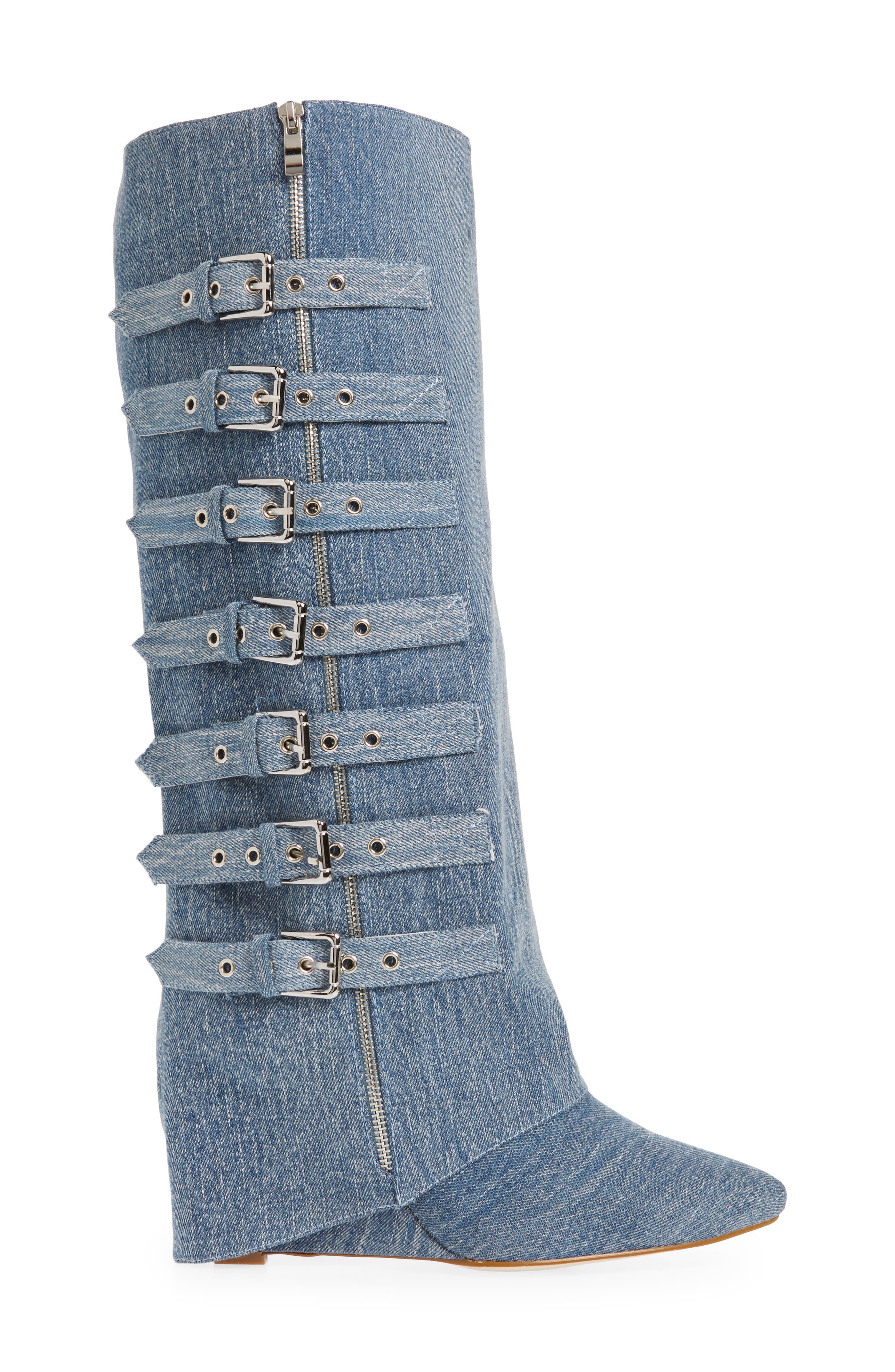 AZALEA WANG Risna Belted Foldover Denim Pointed Toe Boot, Alternate, color, 