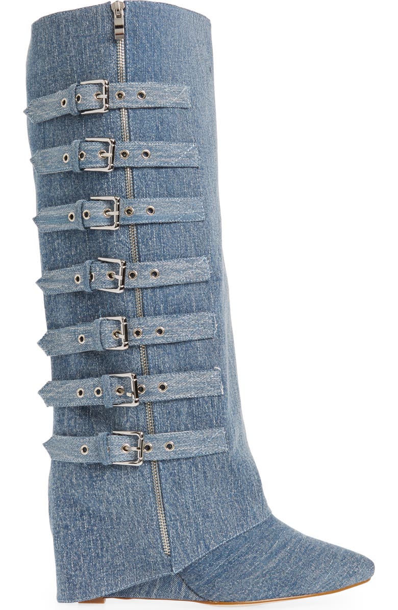 AZALEA WANG Risna Belted Foldover Denim Pointed Toe Boot, Alternate, color,