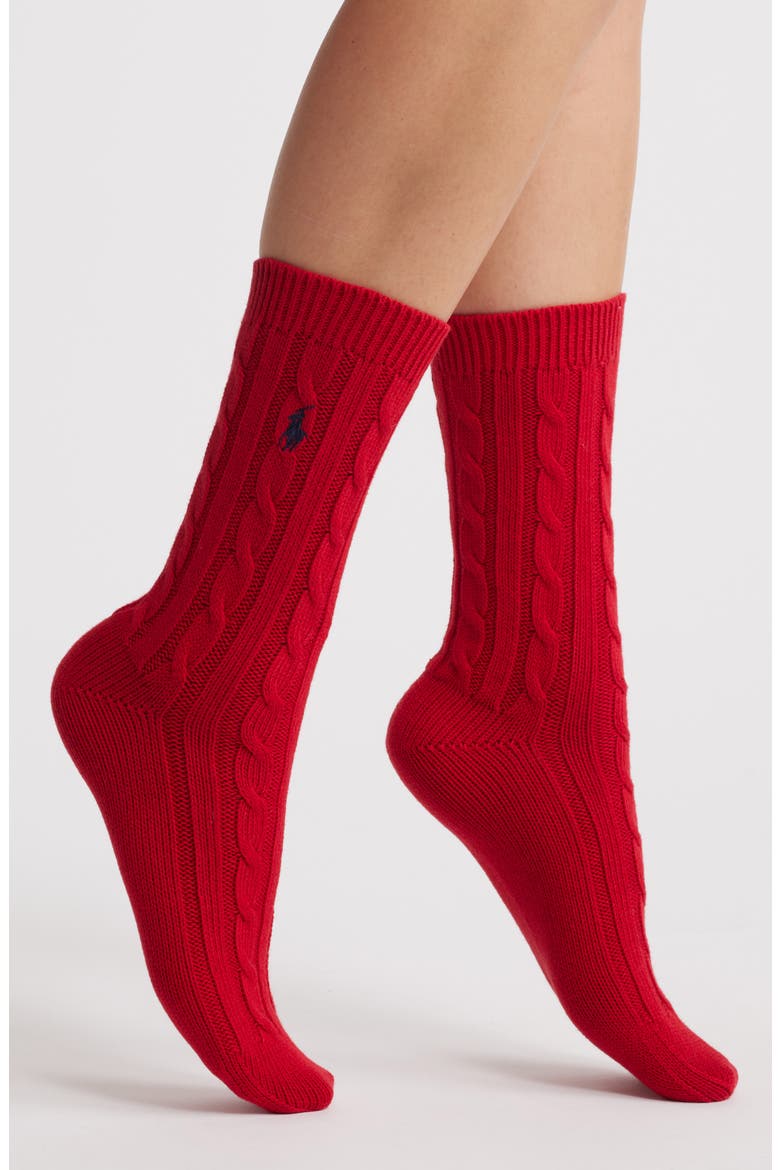 Seasonless Cable Crew Socks, Main, color, RED