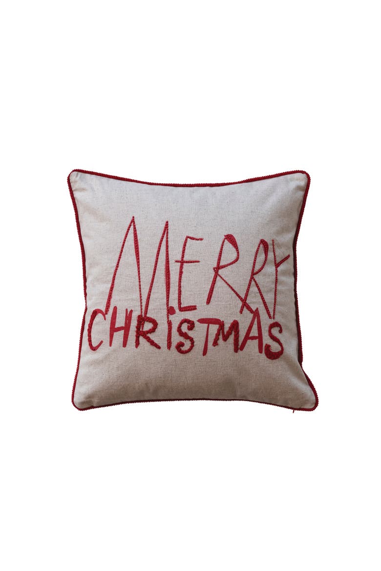 Cotton Printed Pillow with Embroidery, Natural & Red, Main, color, Natural & Red