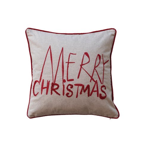 Cotton Printed Pillow with Embroidery, Natural & Red