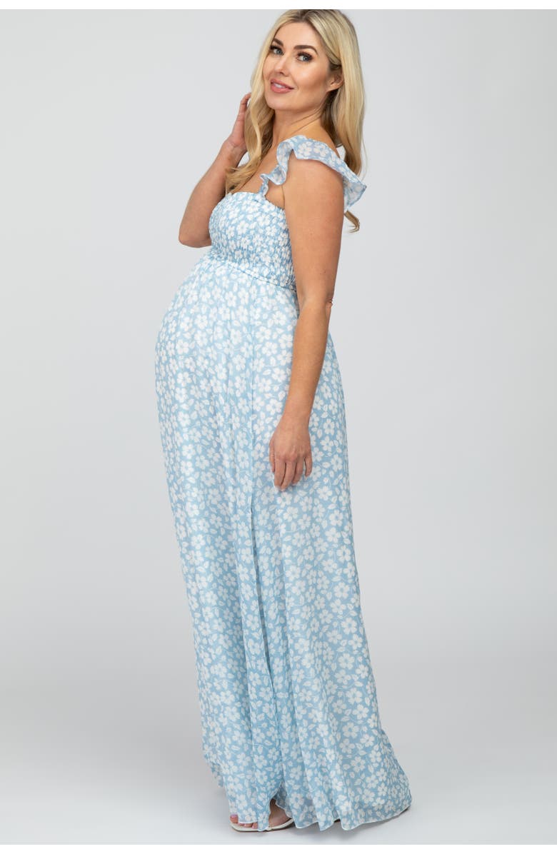 PinkBlush Floral Chiffon Sweetheart Neck Off Shoulder Maxi Dress, Alternate, color, Light Blue