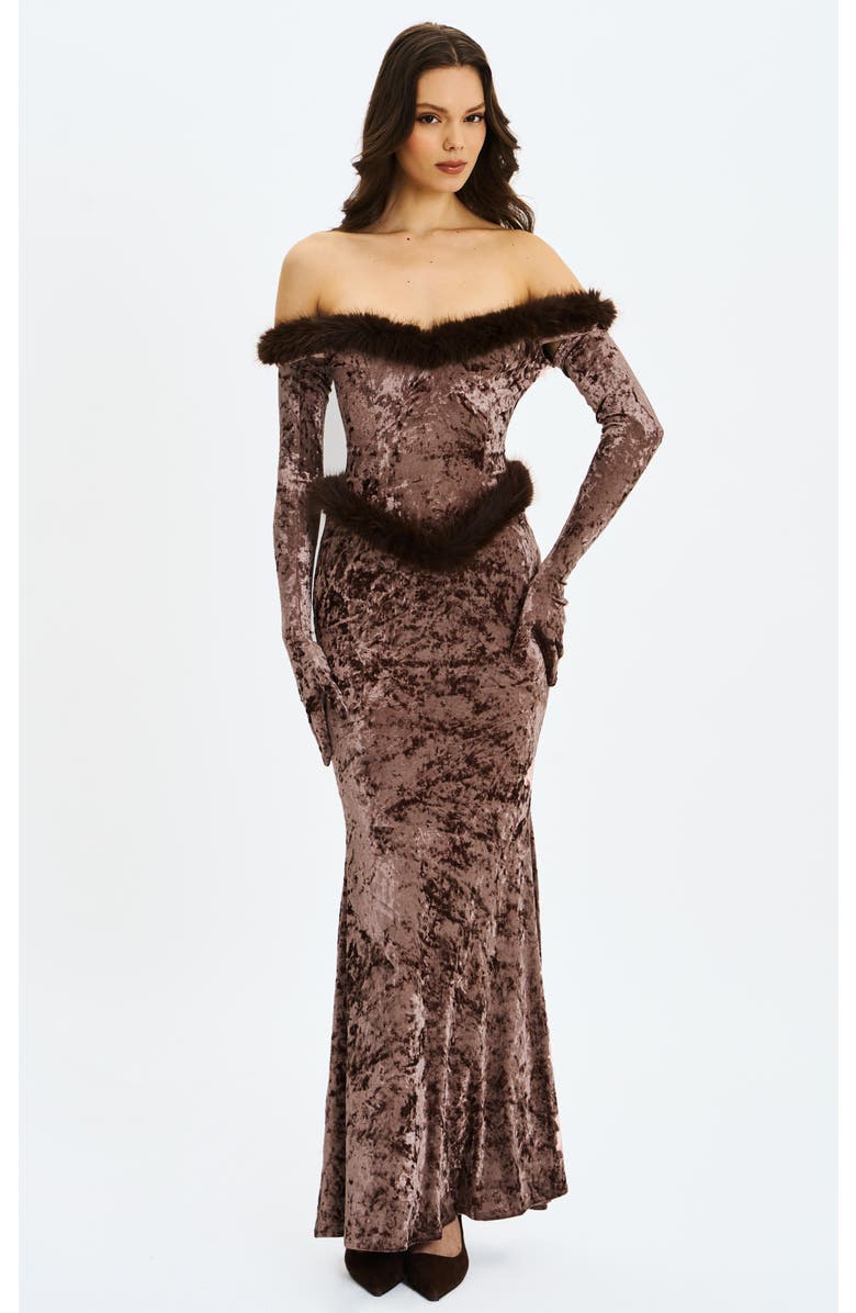Miss Circle Tessa Sweetheart Bardot Faux Fur Velvet Mermaid Maxi Dress, Main, color, Coffee
