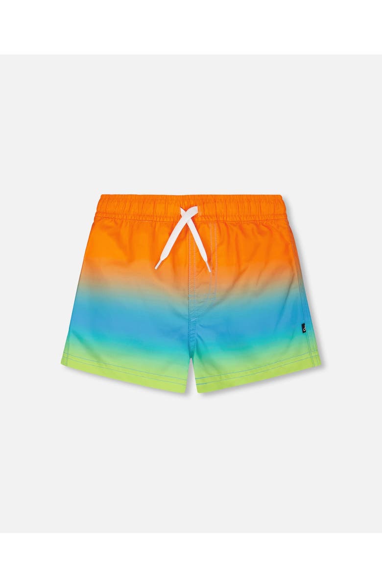 Deux par Deux Mid Thigh Elastic Waist Gradient Boardshorts, Main, color, Orange, Blue & Green Gradient