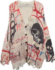 R13 Distressed Oversize Skull Graffiti Print Cardigan