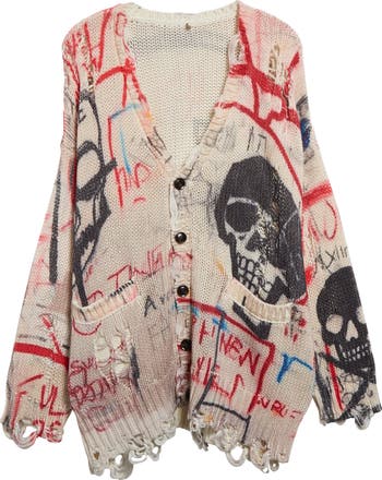R13 Distressed Oversize Skull Graffiti Print Cardigan R13 Distressed Oversize Skull Graffiti Print Cardigan