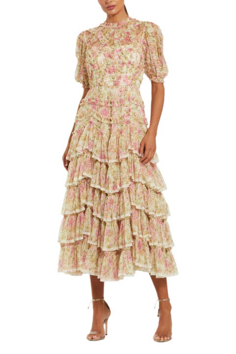Elegant High Neck Midi Dress in Printed Mesh with Lace Accents
