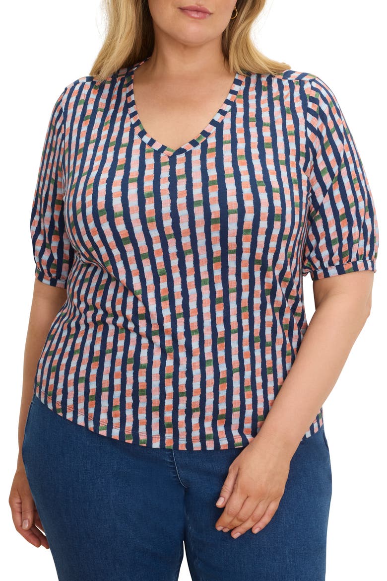 Elbow Sleeve V-Neck T-Shirt, Main, color, INDIGO MULTI