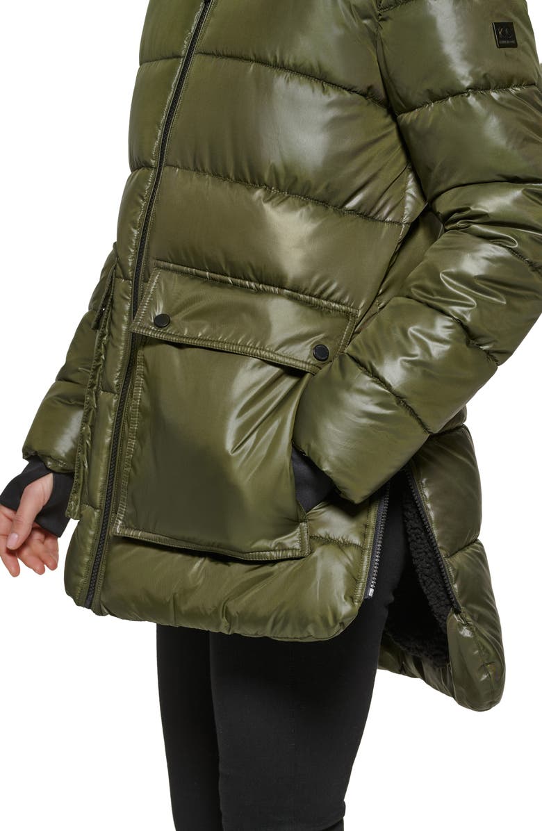 Kenneth Cole New York Faux Shearling Lined Hood Channel Quilted Puffer Parka Jacket, Alternate, color, Loden