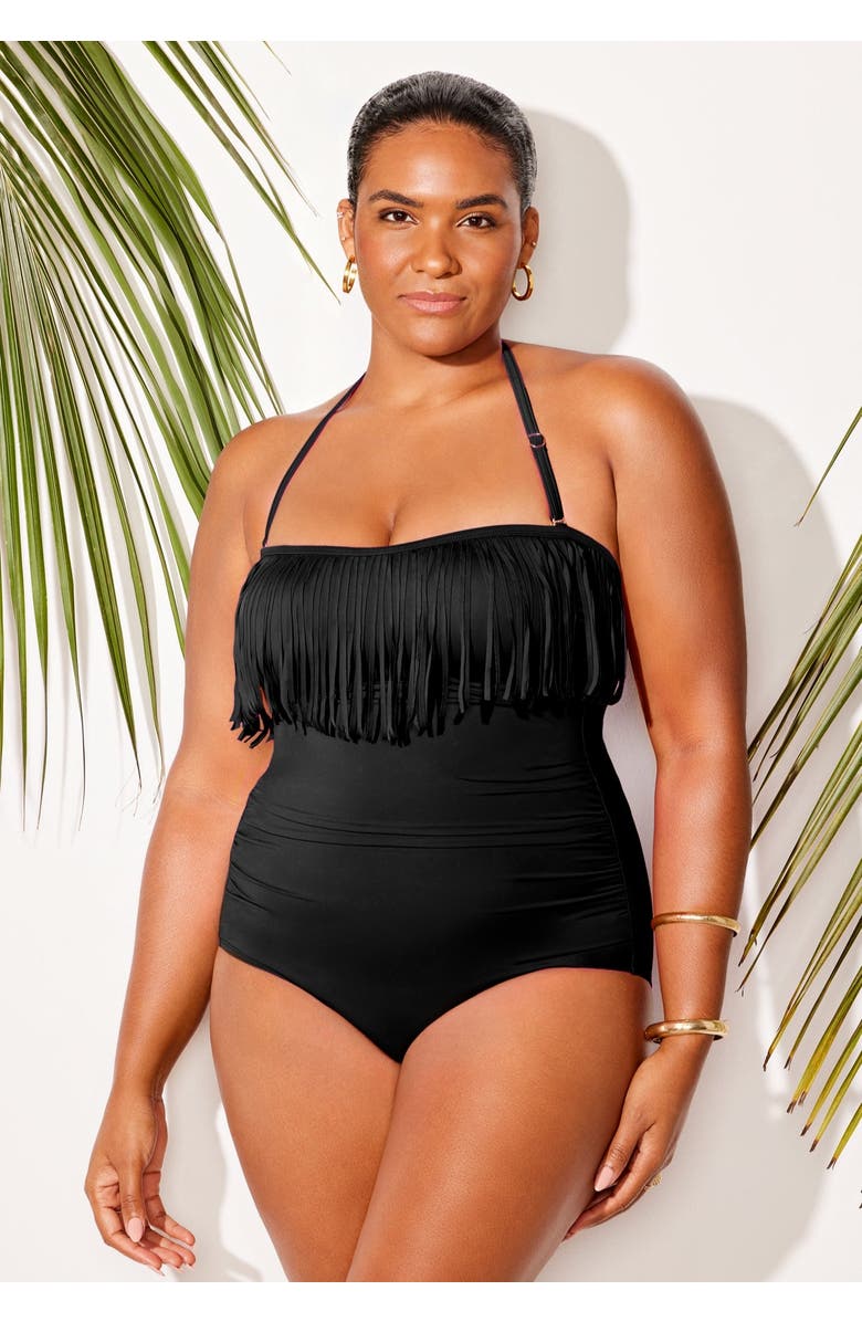 Swimsuits for All Fringe Bandeau One Piece Swimsuit, Alternate, color, Black