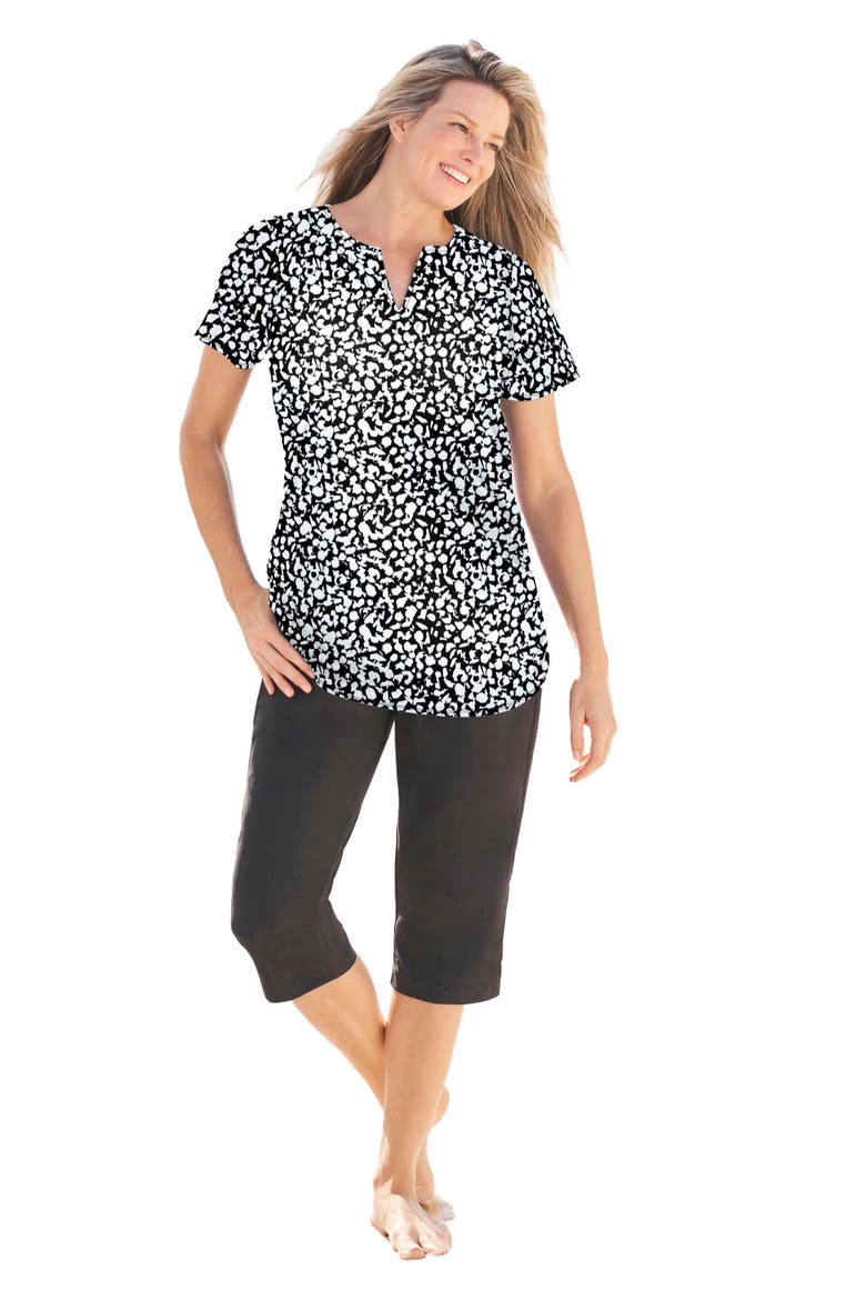 Split Neck Short Sleeve Swim Tee With Built In Bra, Main, color, BLACK WHITE ABSTRACT