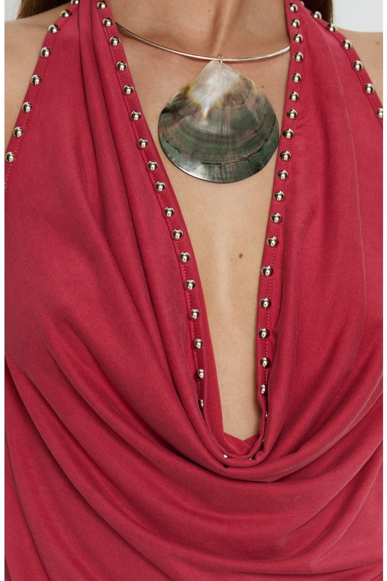 Khoda Studded Cowl Neck Open Back Halter Minidress, Alternate, color, BURGUNDY