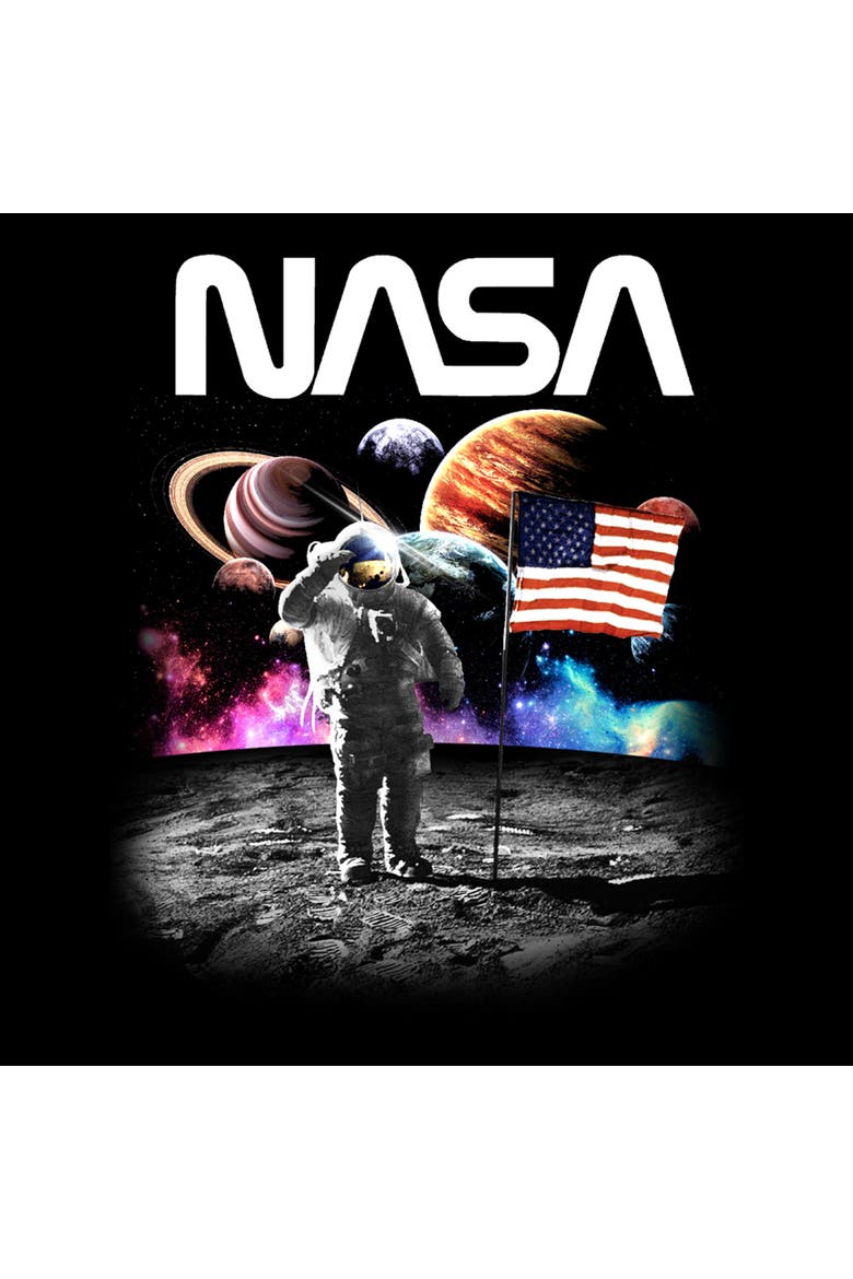 Junior's NASA Astronaut Moon Flag  Graphic T-Shirt, Alternate, color, Black