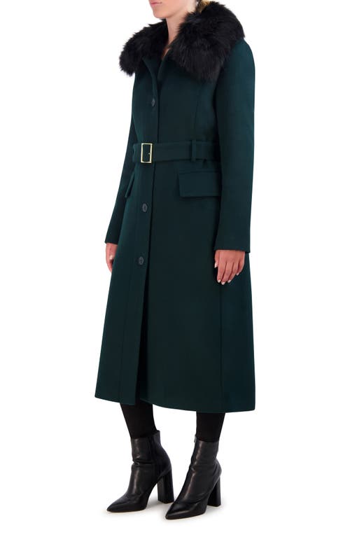 Cole Haan Signature Belted Faux Fur Collar Wool Blend Coat In Forest
